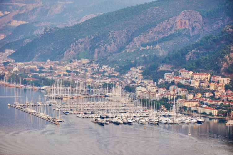 Aerial view of a fethiye bay with marina and yachts