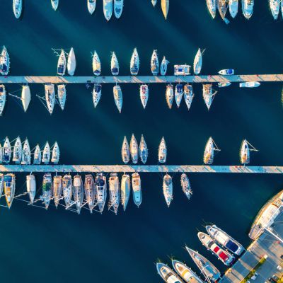 Aerial view of amazing boats at sunset in Marmaris, Turkey