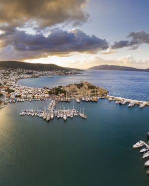 Aerial view of Bodrum at sunrise, Turkey. View of the Saint Peter Castle