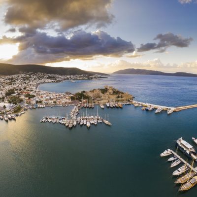 Aerial view of Bodrum at sunrise, Turkey. View of the Saint Peter Castle