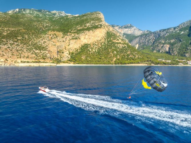 Aerial view of parasailing on the blue sea in Oludeniz, Turkey
