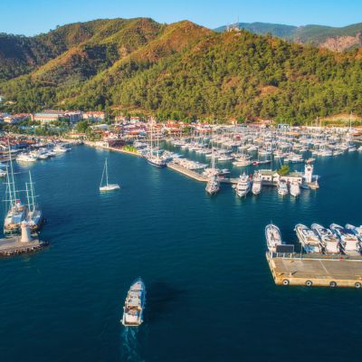 Aerial view of boats and yachts at sunset in Turkey