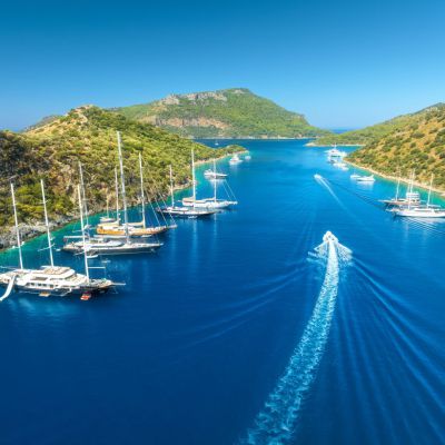 Aerial view of yachts and boats on the sea at in summer