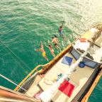 Aerial,View,Of,Young,People,Jumping,From,Sailing,Boat,On